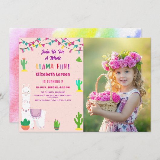 Fiesta Llama Alpaca Kids Verjaardag Foto Kaart (Voorkant / Achterkant)