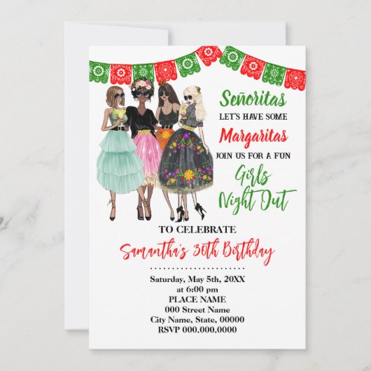 Fiesta Meisjes Nacht Uit Verjaardag Kaart (Voorkant)