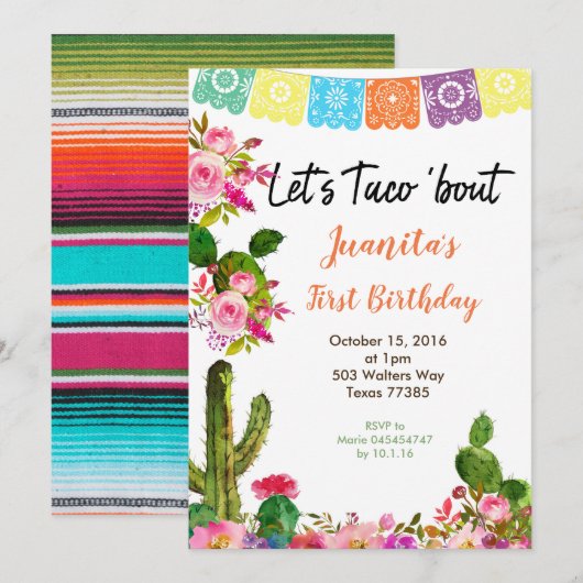 Fiesta Mexicaine 1er Anniversaire Fête Invitation (Devant / Derrière)