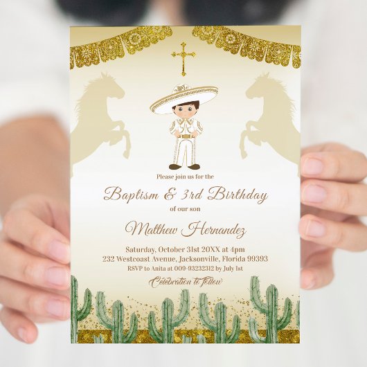 Fiesta Mexican Boy Gold Baptism & Birthday Invite Kaart