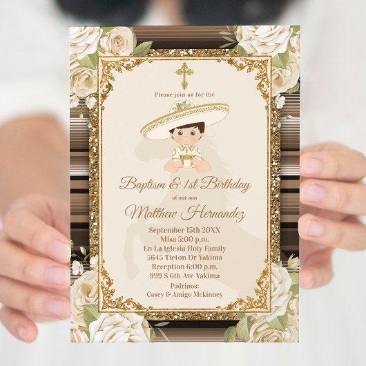 Fiesta Mexican Boy Gold Baptism & Birthday Invite Kaart