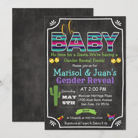Fiesta Mexican Gender Revea Baby shower Invitation Kaart (Voorkant / Achterkant)