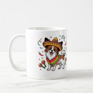 Fiesta Papillon Hond met Sombrero en Sarape Koffiemok