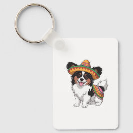 Fiesta Papillon Hond met Sombrero en Sarape Sleutelhanger