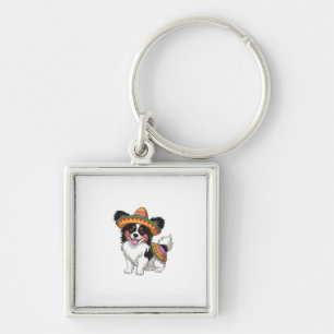 Fiesta Papillon Hond met Sombrero en Sarape Sleutelhanger