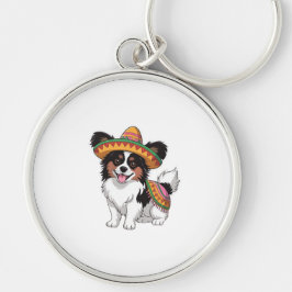 Fiesta Papillon Hond met Sombrero en Sarape Sleutelhanger