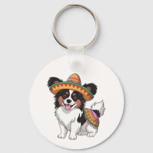 Fiesta Papillon Hond met Sombrero en Sarape Sleutelhanger