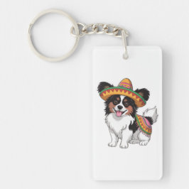 Fiesta Papillon Hond met Sombrero en Sarape Sleutelhanger