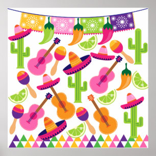 Fiesta Party Sombrero Cactus Limes Peppers Maracas Poster