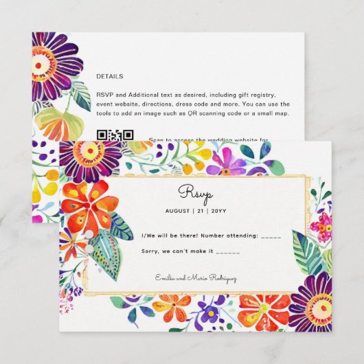 FIESTA RSVP avec code QR Folkart Flowers (Devant / Derrière)