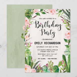 Fiesta Succulent Floral Birthday Party Invite Kaart