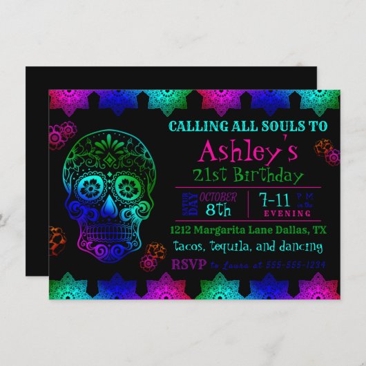 Fiesta Sugar Skull Invitation Anniversaire (Devant / Derrière)