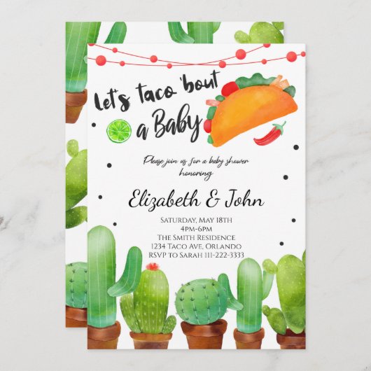 Fiesta Taco Bout bébé aquarelle Cactus Invitation (Devant / Derrière)