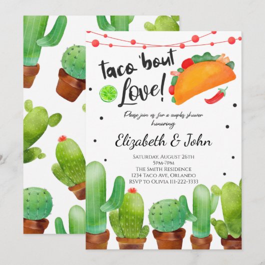 Fiesta Taco Bout Love Watercolor Cactus Invitation (Devant / Derrière)