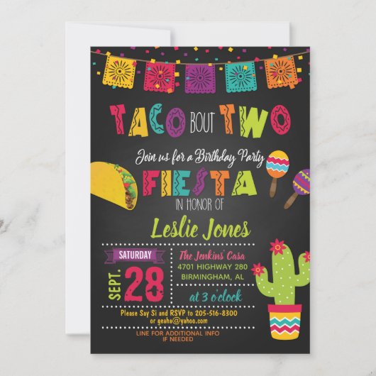 Fiesta Taco Over TWEE Verjaardag Uitnodiging (Voorkant)