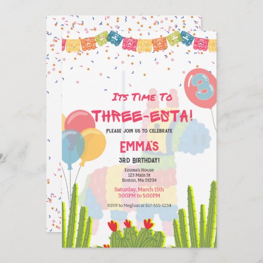 Fiesta Three-Esta Girl Verjaardag Uitnodiging (Voorkant / Achterkant)