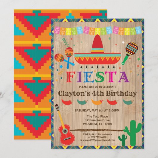 Fiesta-verjaardagsuitnodiging voor jongen of kind. kaart (Voorkant / Achterkant)