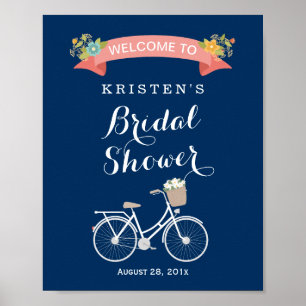 Fiets Bruiloft Feest Teken Navy Blauwe Koraal Roze Poster