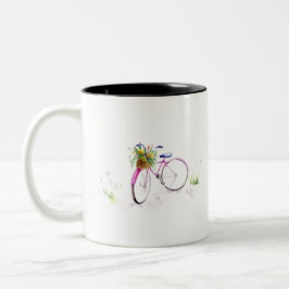 Fiets met bloemen. tweekleurige koffiemok