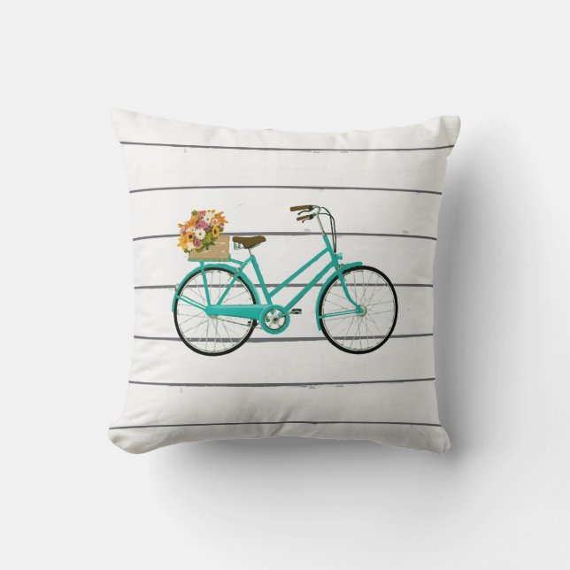  fiets met Flowers Turquoise Pillow Kussen (Voorkant)