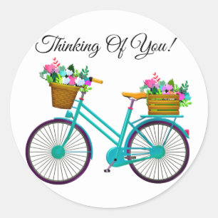 fiets met mand bloemen ronde sticker