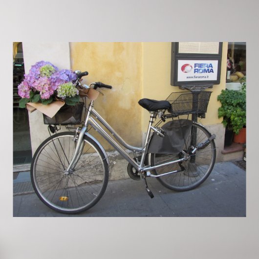 Fiets met mand vol hortensia's poster (Voorkant)