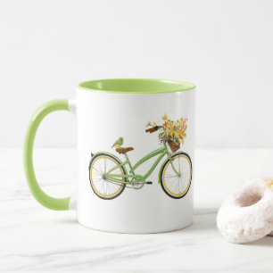 Fiets Met Vogel en Bloemenmand Groen Geel Mok