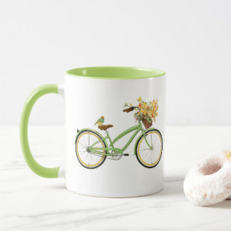 Fiets Met Vogel en Bloemenmand Groen Geel Mok