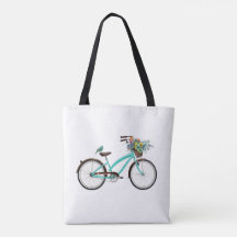 Fiets Met Vogel en Bloemenmand Turquoise Blauw