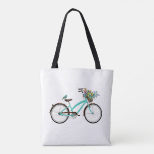 Fiets Met Vogel en Bloemenmand Turquoise Blauw Draagtas