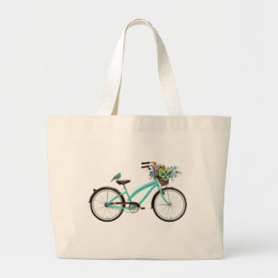 Fiets Met Vogel en Bloemenmand Turquoise Blauw Grote Tote Bag