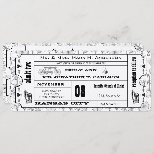  fiets Typography Ticket Wedding Kaart (Voorkant / Achterkant)