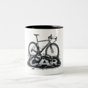 Fietsen boven auto's tweekleurige koffiemok
