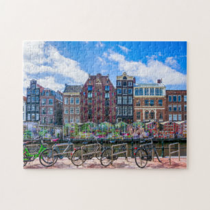 Fietsen Houses Along Amsterdam Canal Nederland Legpuzzel