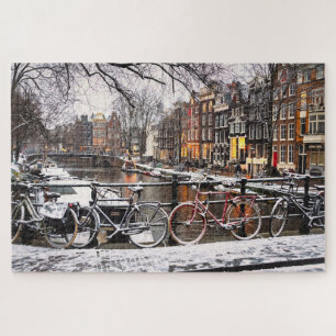 Fietsen in de sneeuw in Amsterdam Legpuzzel
