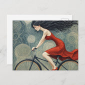 Fietsvrouw in een rode jurk briefkaart (Voorkant / Achterkant)