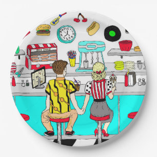 Fifties Diner Nostalgic Couple Holding Hands Art Papieren Bordje