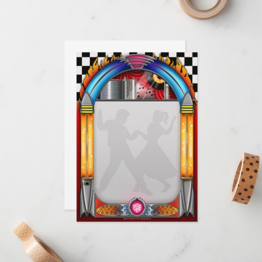 Fifties Party Invitations, 50's Rock in Roll Notitiekaartje (Voorkant / Achterkant in situ)