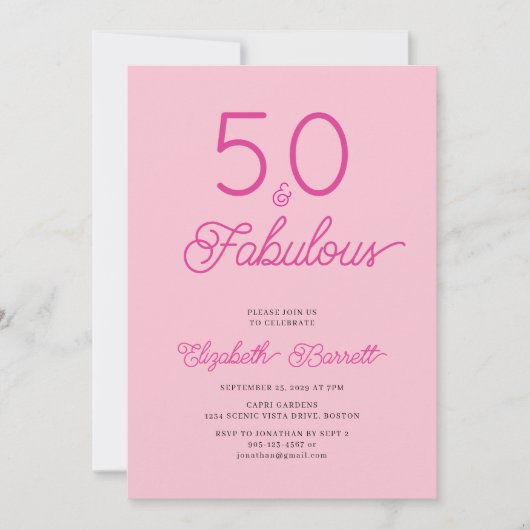 Fifty and Fabulous Script Pink 50th Birthday Party Kaart (Voorkant)