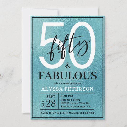 Fifty and Fabulous Teal Script 50th Birthday Kaart (Voorkant)