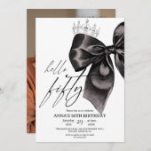 Fifty Black Bow 50th Birthday Invitation Kaart (Voorkant / Achterkant)