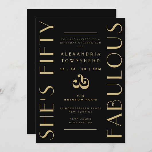Fifty & Fabulous Black Art Deco 50th Birthday Kaart (Voorkant / Achterkant)