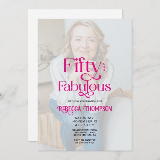 Fifty Fabulous Photo Pink Script 50th Birthday Kaart (Voorkant / Achterkant)