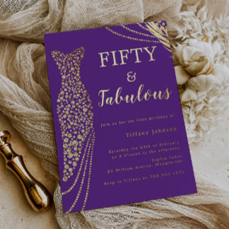 Fifty & Fabulous Purple & Gold 50th Birthday  Folie Uitnodiging