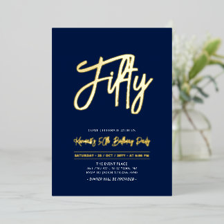 Fifty | Navy Chic Script 50th Birthday Party Folie Uitnodiging