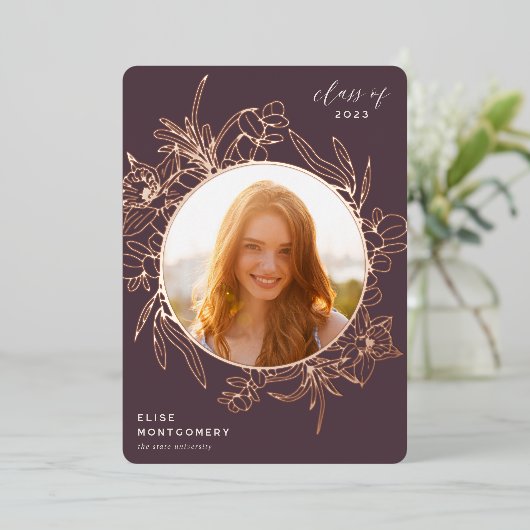 Fig | Floral Foil Photo Faire-part de graduation (Debout devant)