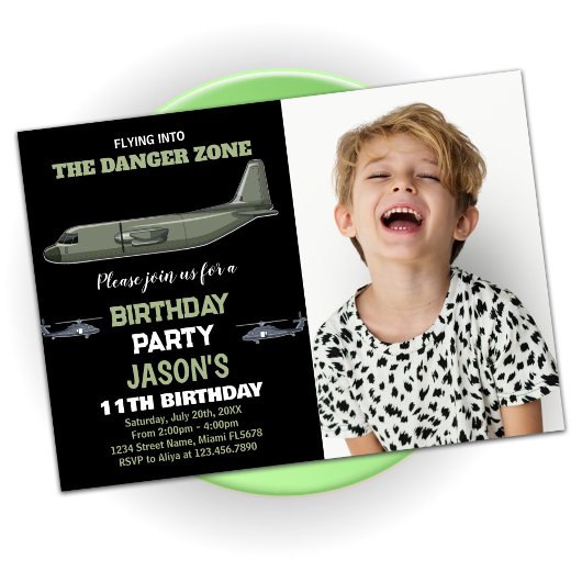 Fighter Jet Anniversaire Invitations Green Black p