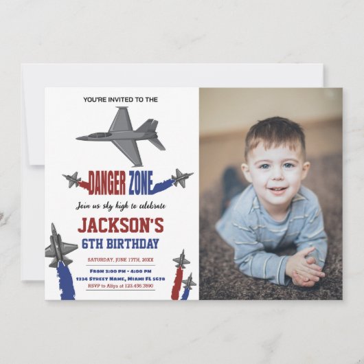 Fighter Jet Invitations Anniversaire Gris avec pho (Devant)