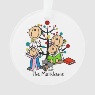 Figure de bâton Parents, 2 Filles, Ornement de cha