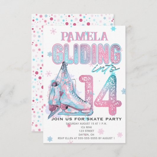 Figure Patinage 14e invitation de fête d'anniversa (Devant / Derrière)